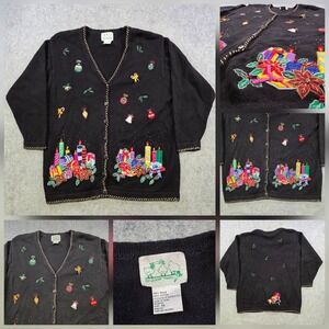 The Quacker Factory Sweater Womens 1X Black Christmas Beaded Ugly‎ Cardigan Knit